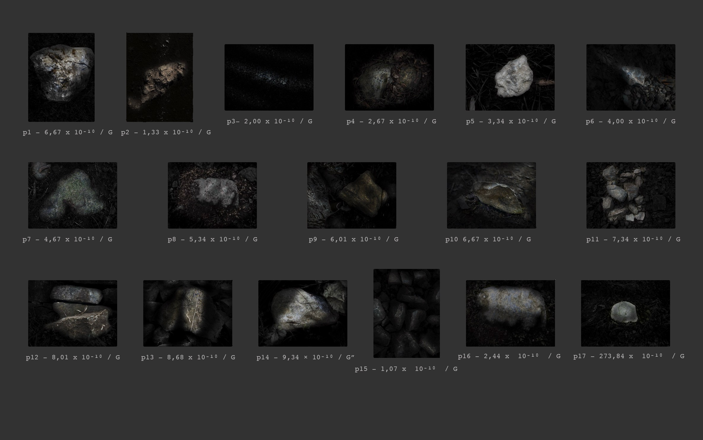 Contact sheet: all 17 photographs of Gravity with their titles, p1 to p17